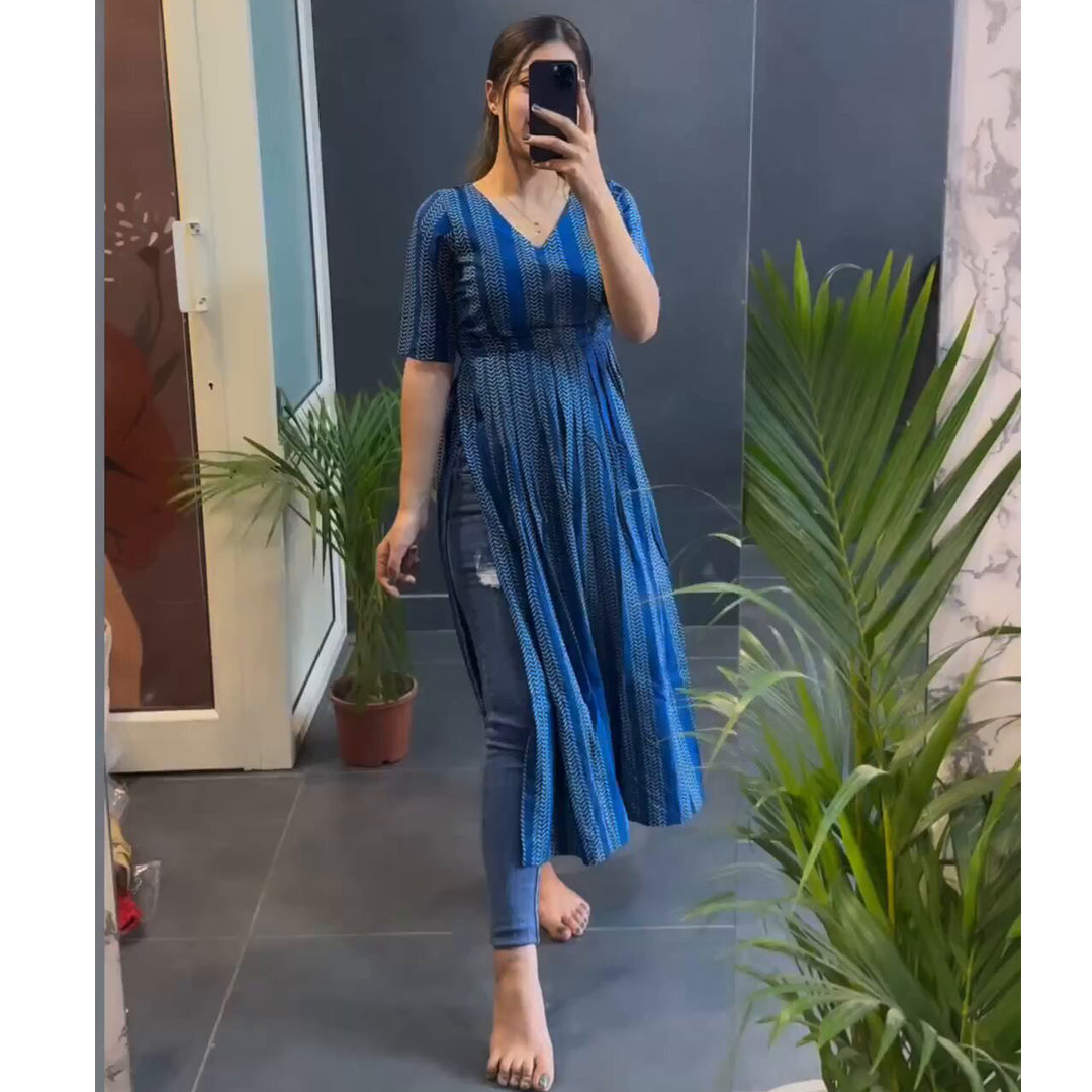 Blue Printed Designer Nyra Cut Kurtis