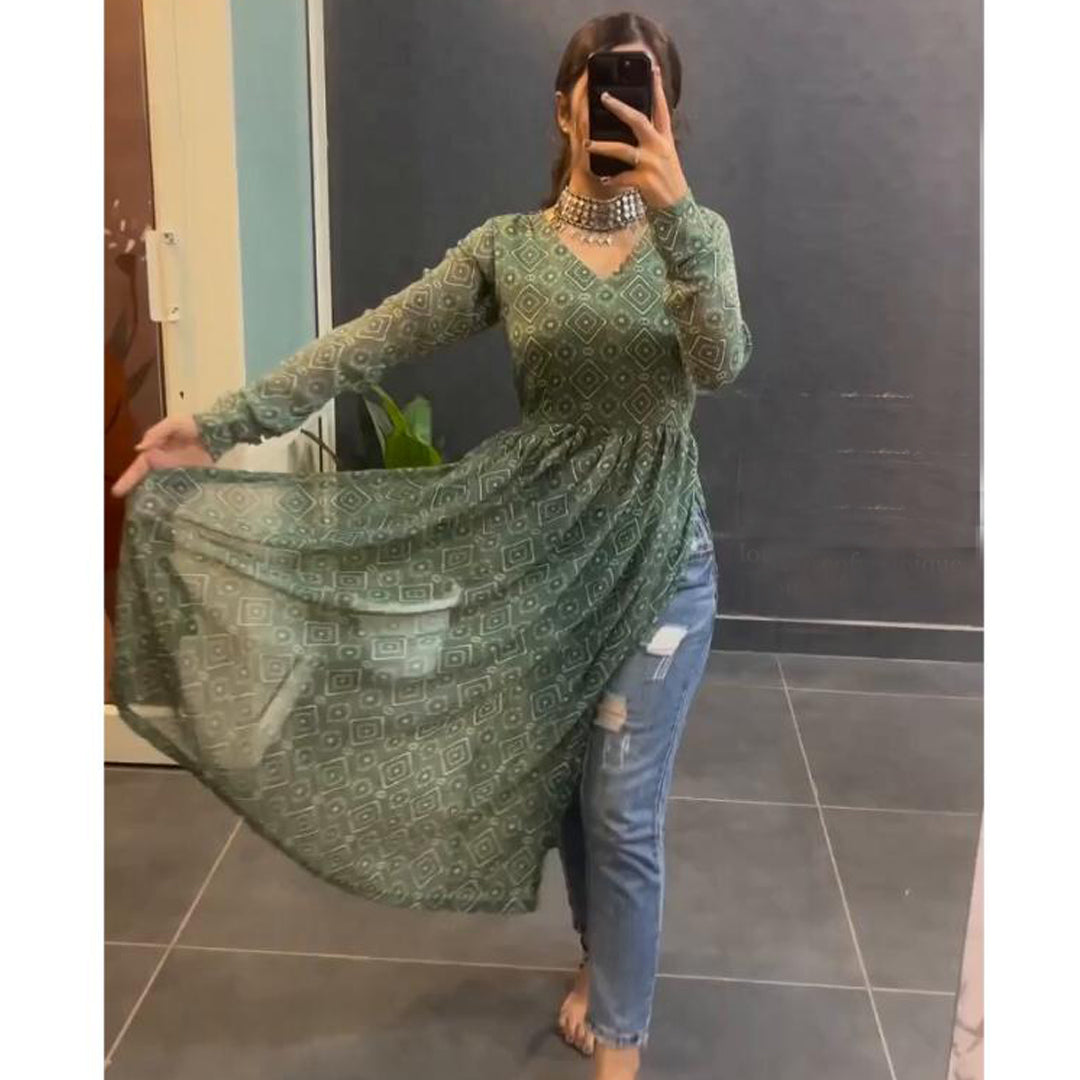 Light Green Printed Nyra Cut Kurti