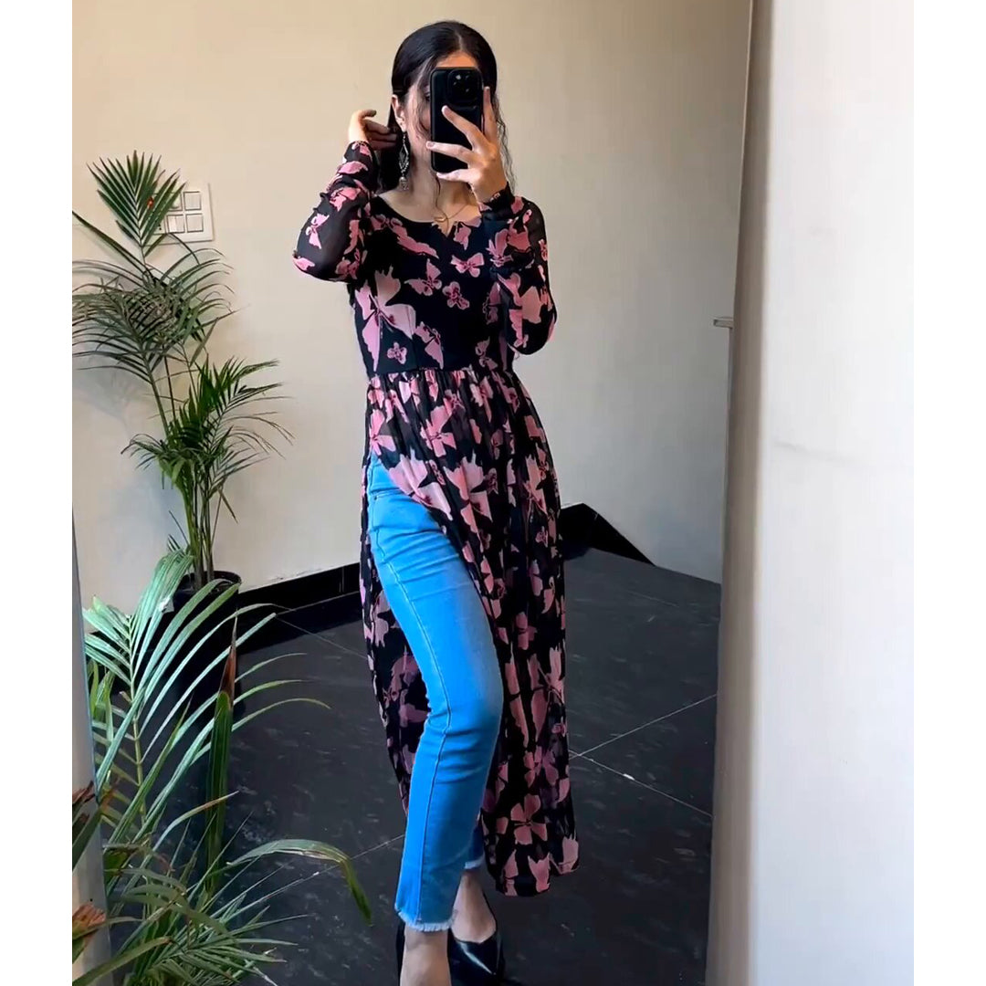 Black And Pink Printed Designer Nyra Cut Kurtis
