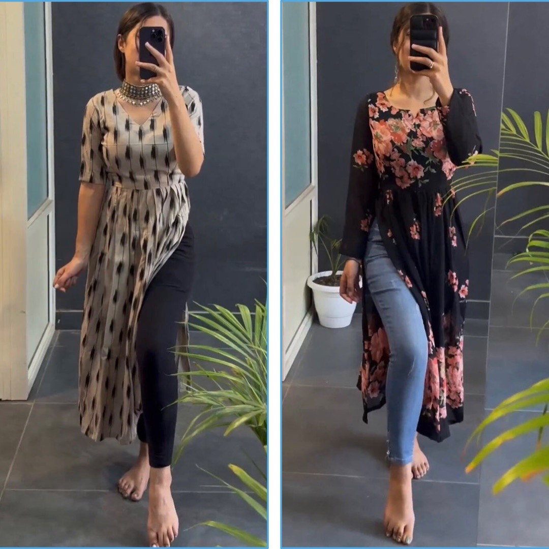 Beige And Black Flower Printed Nyra Cut Kurtis Combo