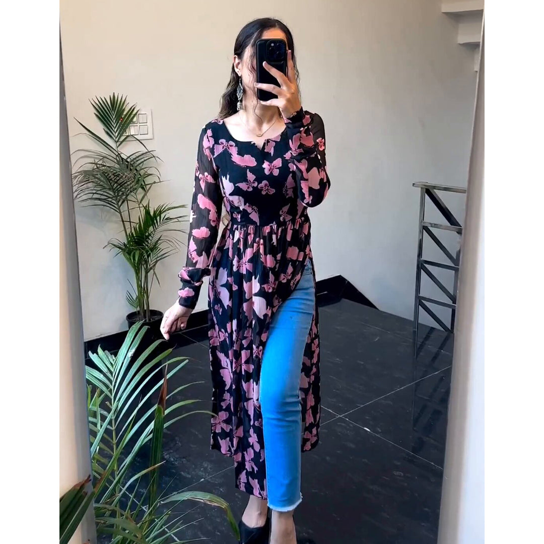 Black And Pink Printed Designer Nyra Cut Kurtis