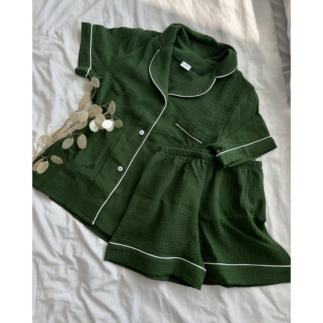 Green Gauze Fabric Shirt With Short Set