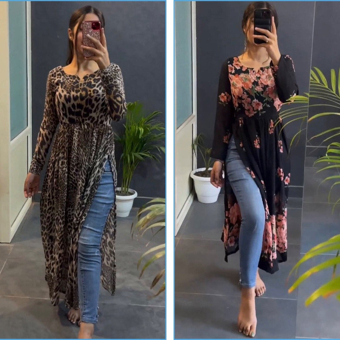 Cream Leopard And Black Flower Nyra Cut Kurtis Combo