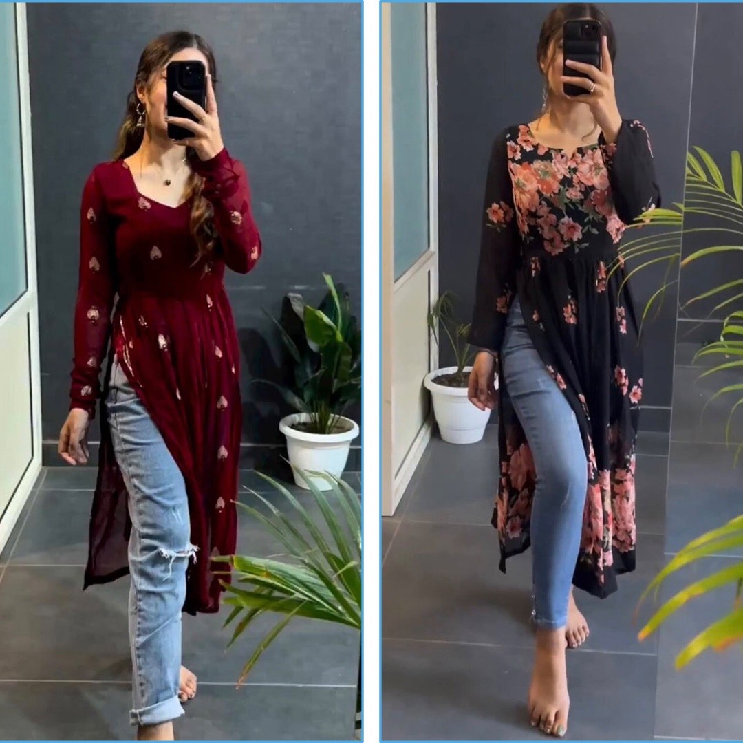 Marron Printed And Black Flower Designer Nyra Cut Kurtis Combo