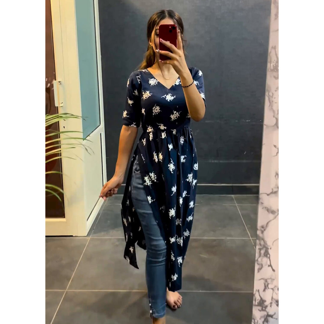 Black Flower And Blue Printed Designer Nyra Cut Kurtis Combo