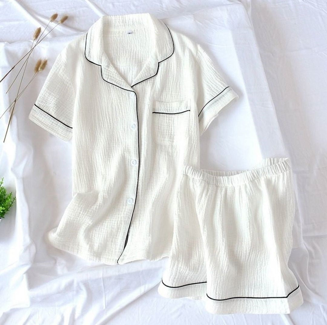 White Gauze Fabric Shirt With Short Set