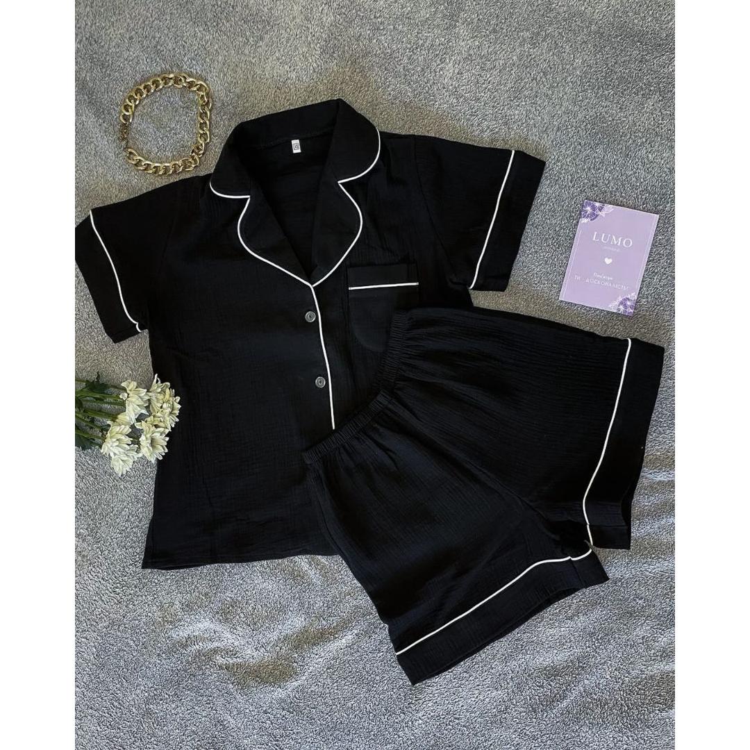 Black Gauze Fabric Shirt With Short Set