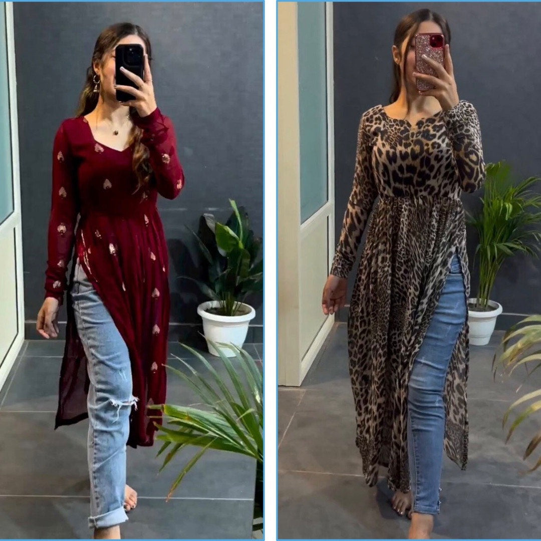 Marron And Cream Leopard Designer Kurtis Combo