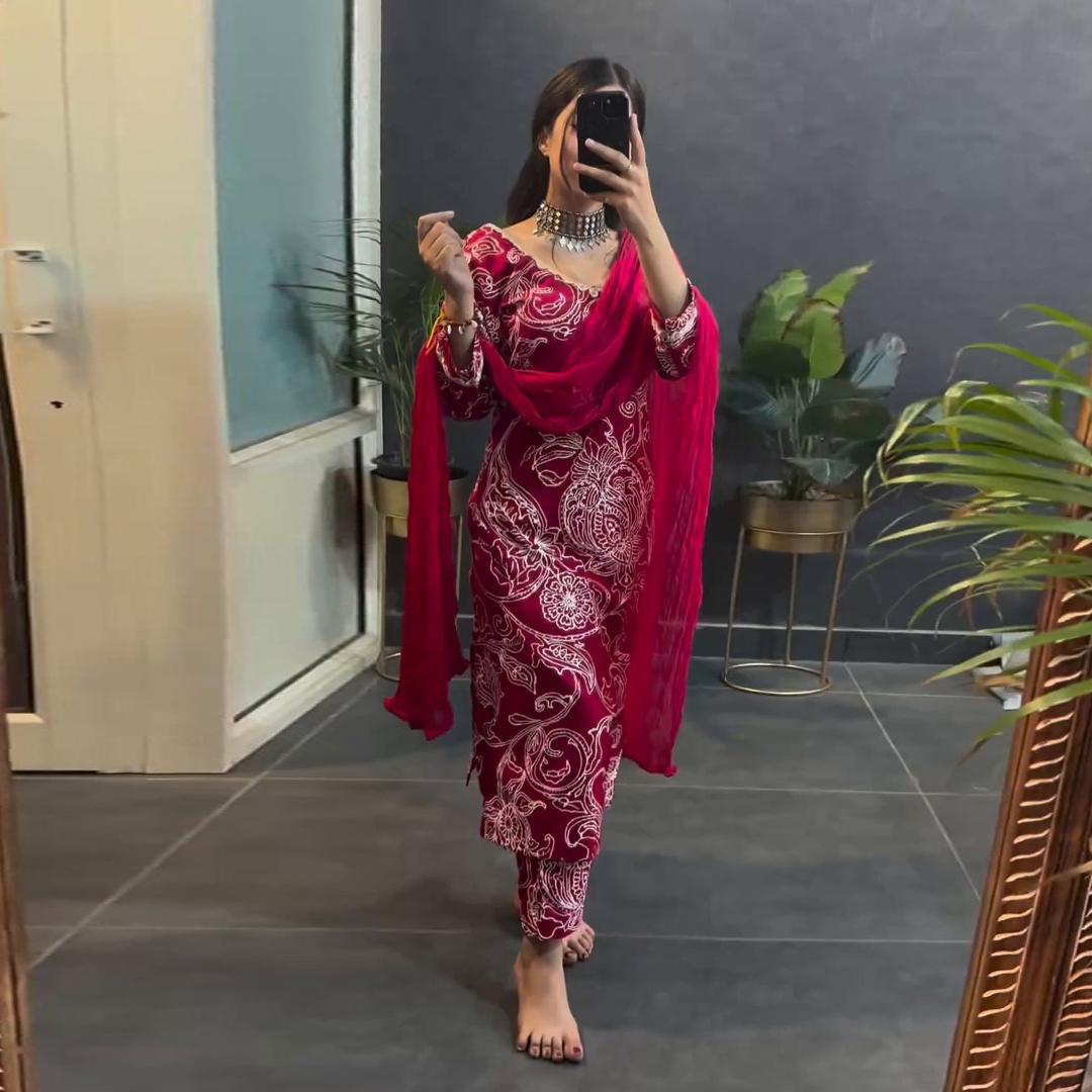 Glossy Maroon Printed Muslin Designer Kurti Set