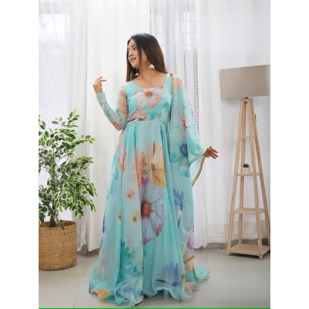 Aqua Green Floral Printed Long Kurtis With Dupatta