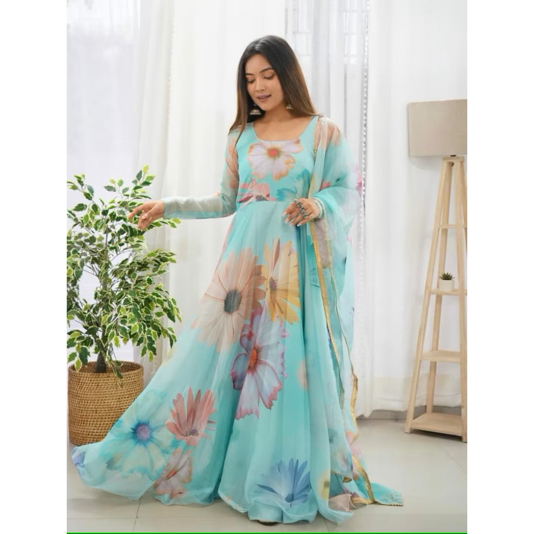 Aqua Green Floral Printed Long Kurtis With Dupatta