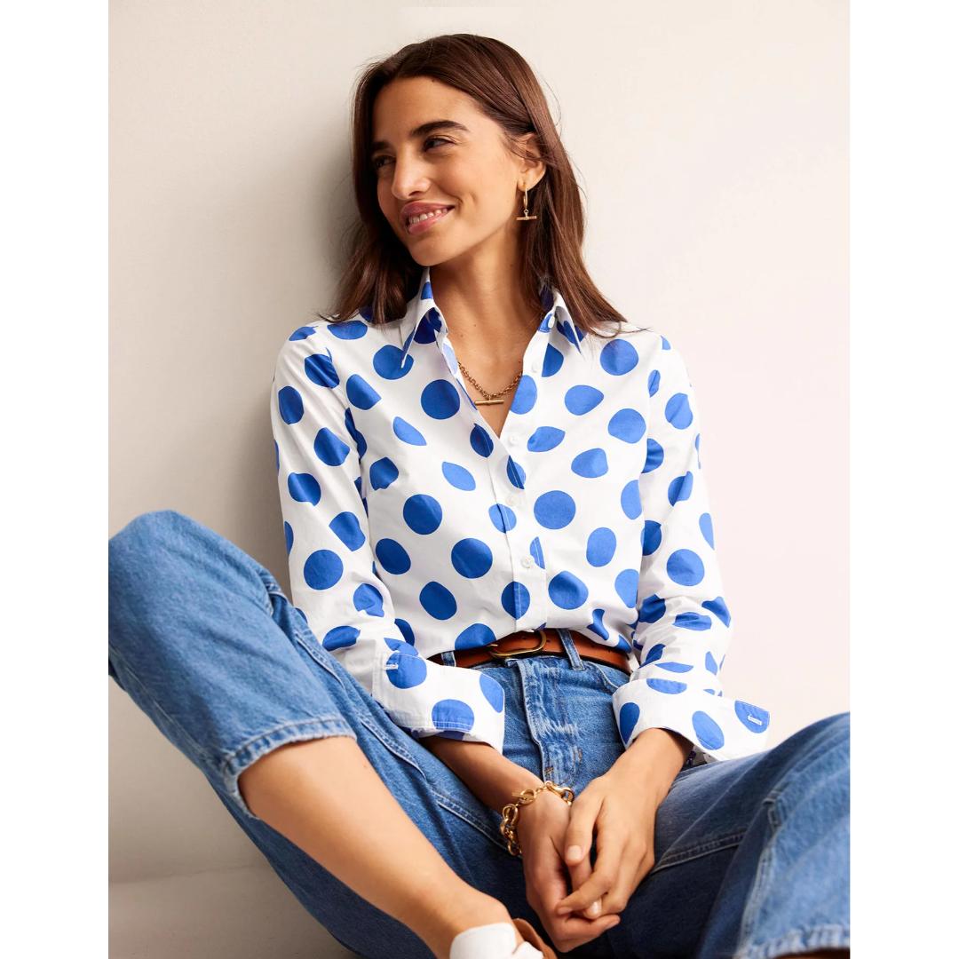 White And Blue Polka Print Women Shirt