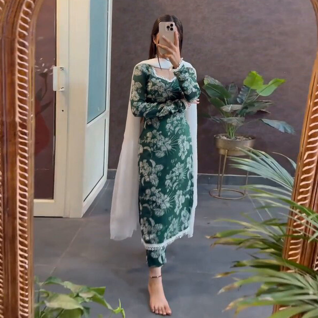 Green And White Designer Rasha Kurti Set