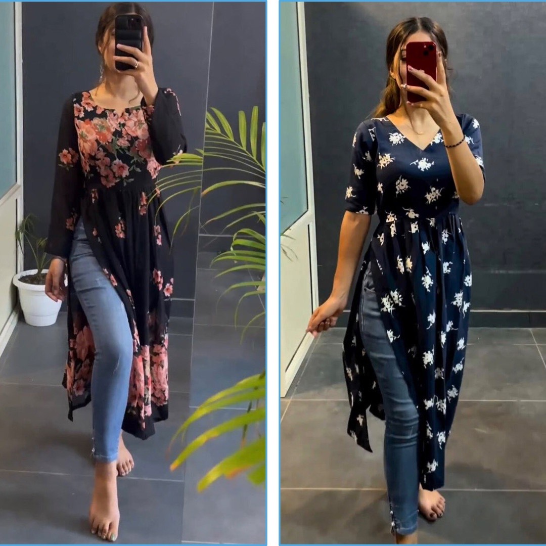 Black Flower And Blue Printed Designer Nyra Cut Kurtis Combo