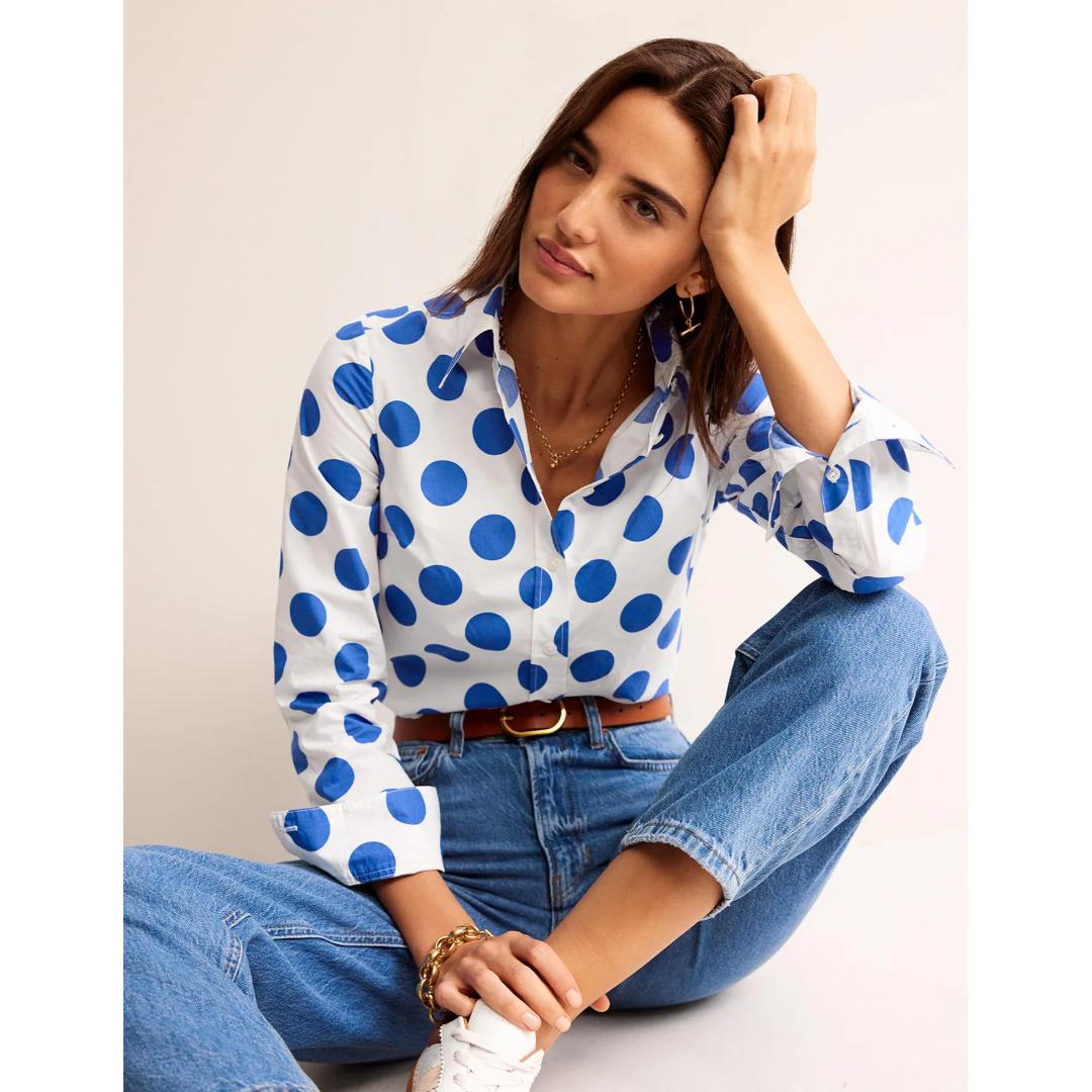 White And Blue Polka Print Women Shirt