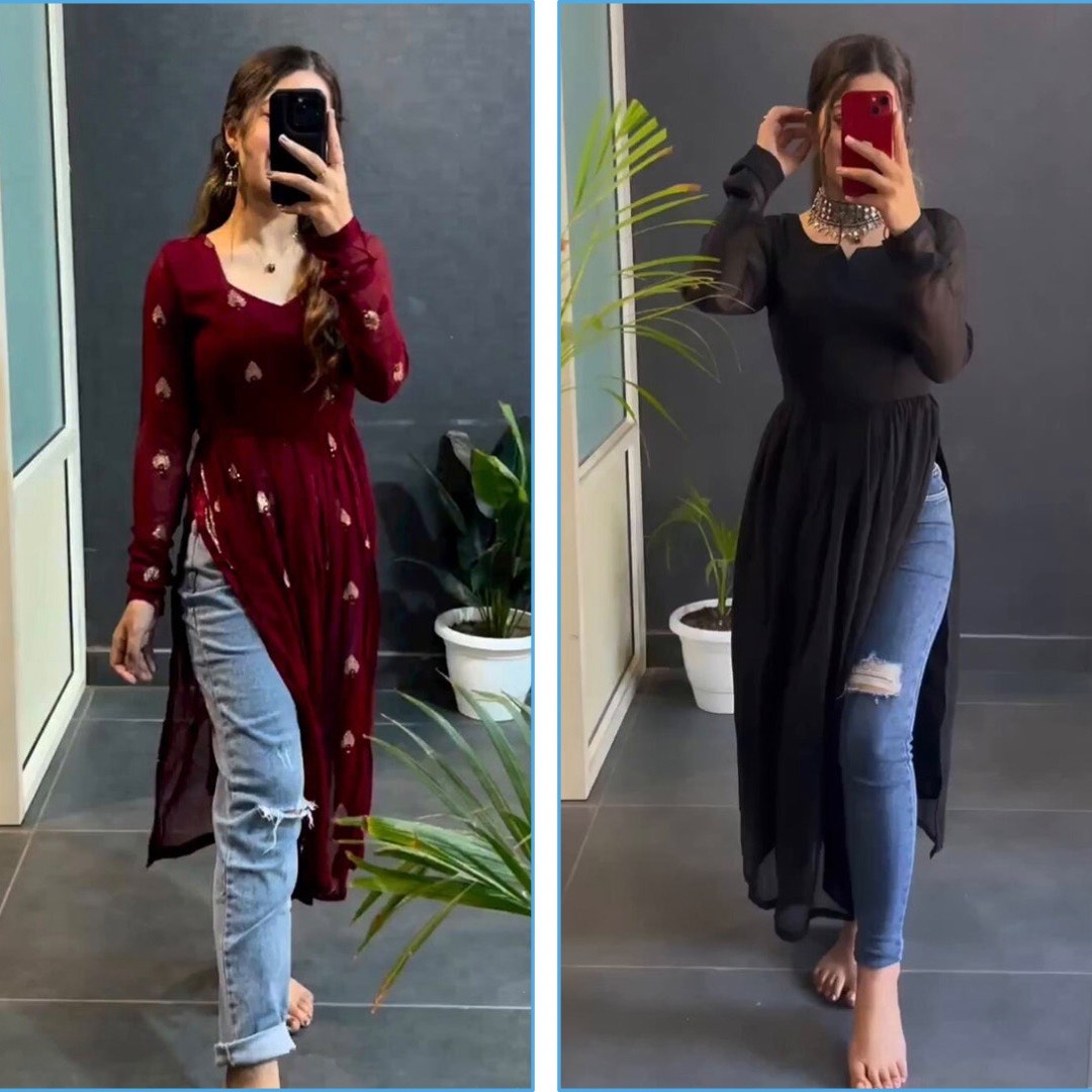 Marron Printed And Black Plain Nyra Cut Kurtis Combo