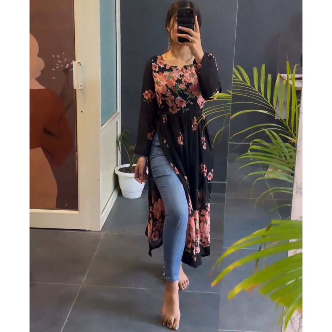 Cream Leopard And Black Flower Nyra Cut Kurtis Combo