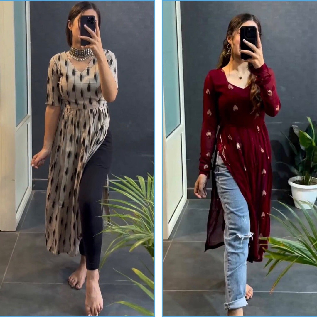 Beige And Marron Printed Nyra Cut Kurtis Combo