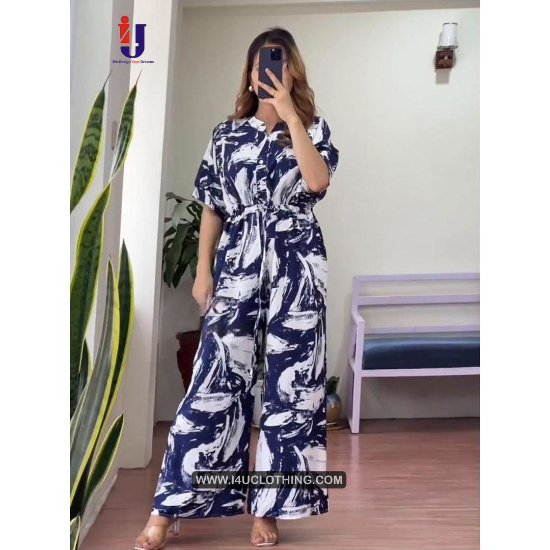 Navy Blue And White Printed Jumpsuit I4U Clothing