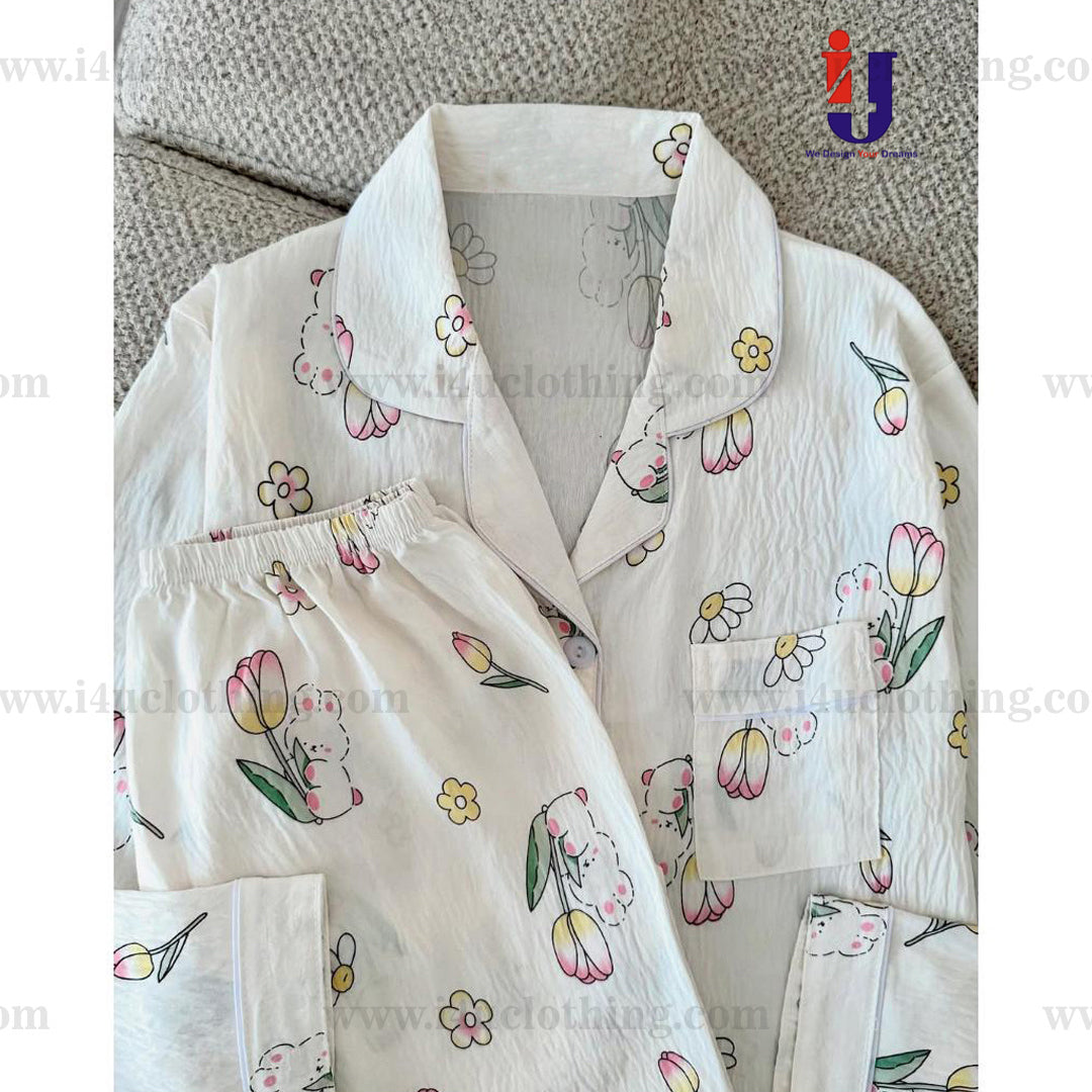 White Minimal Floral Printed Shirt Pyjama Set