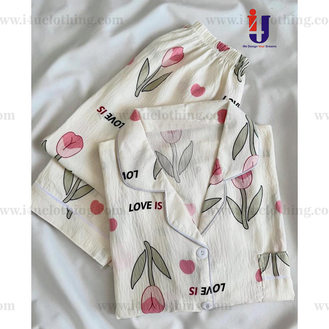 White And Pink Floral Printed Shirt Pyjama Set