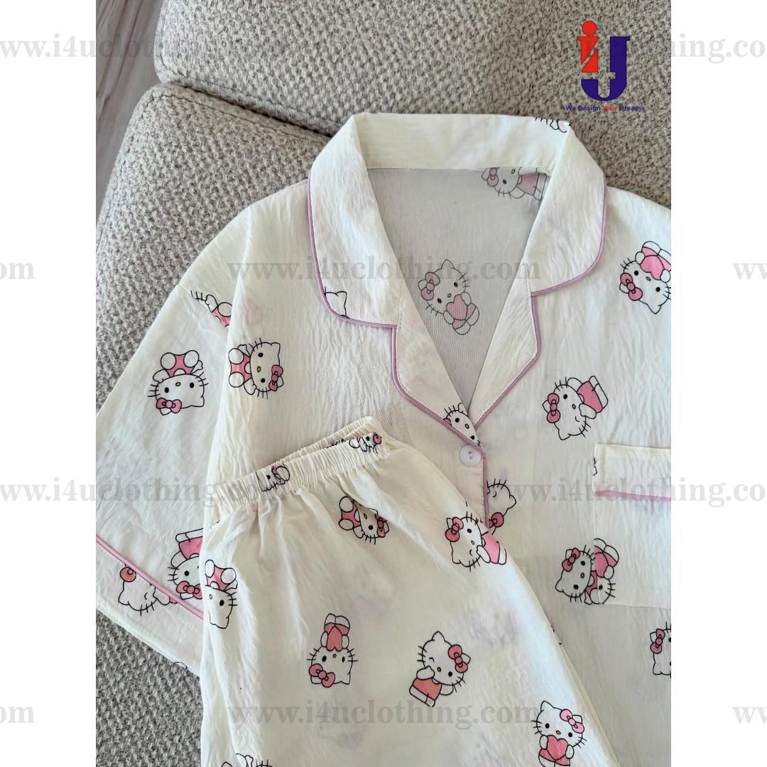 Cartoon Printed Kitty Motifs Shirt Pyjama Set