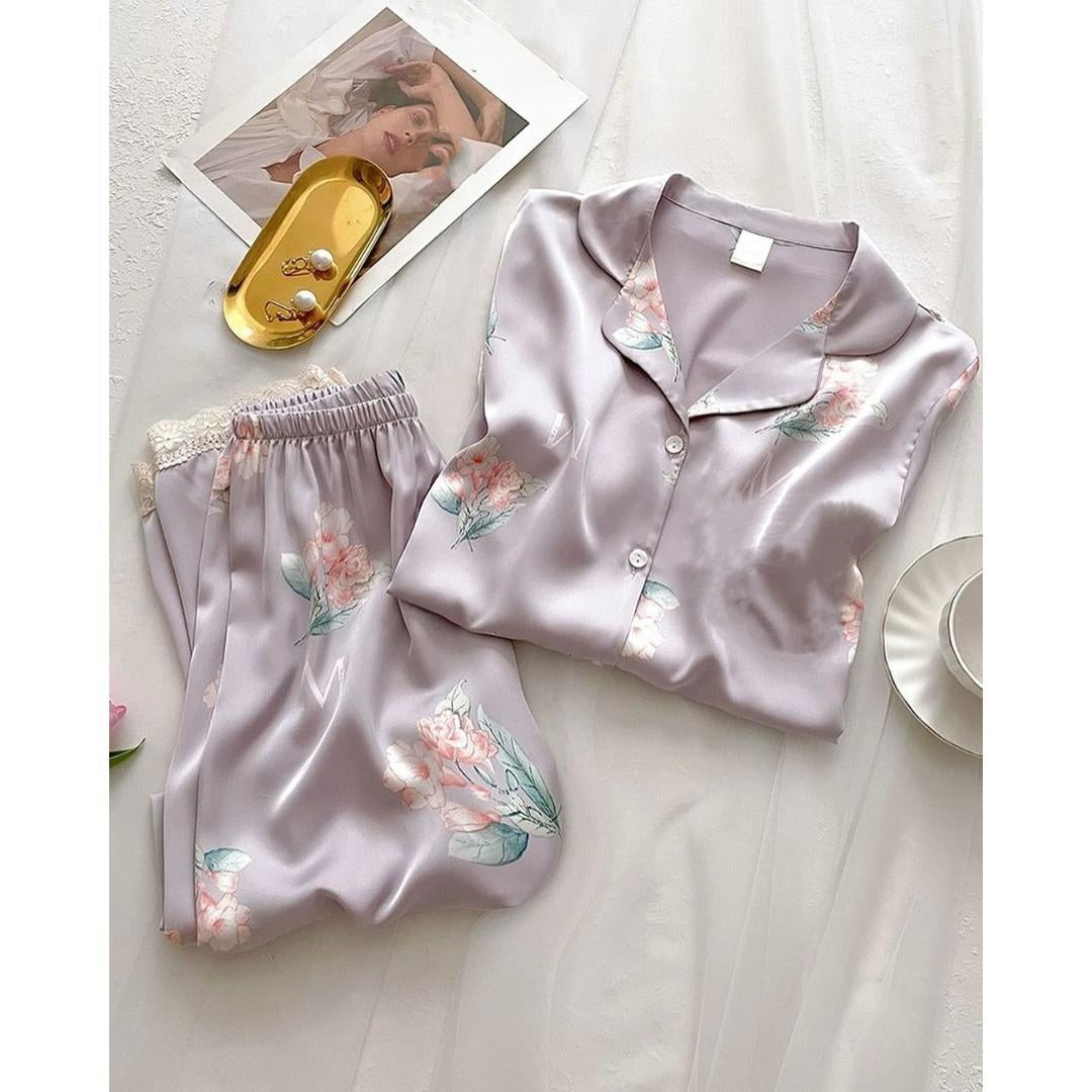 Gray Flower Printed Shirt Pyjama Set