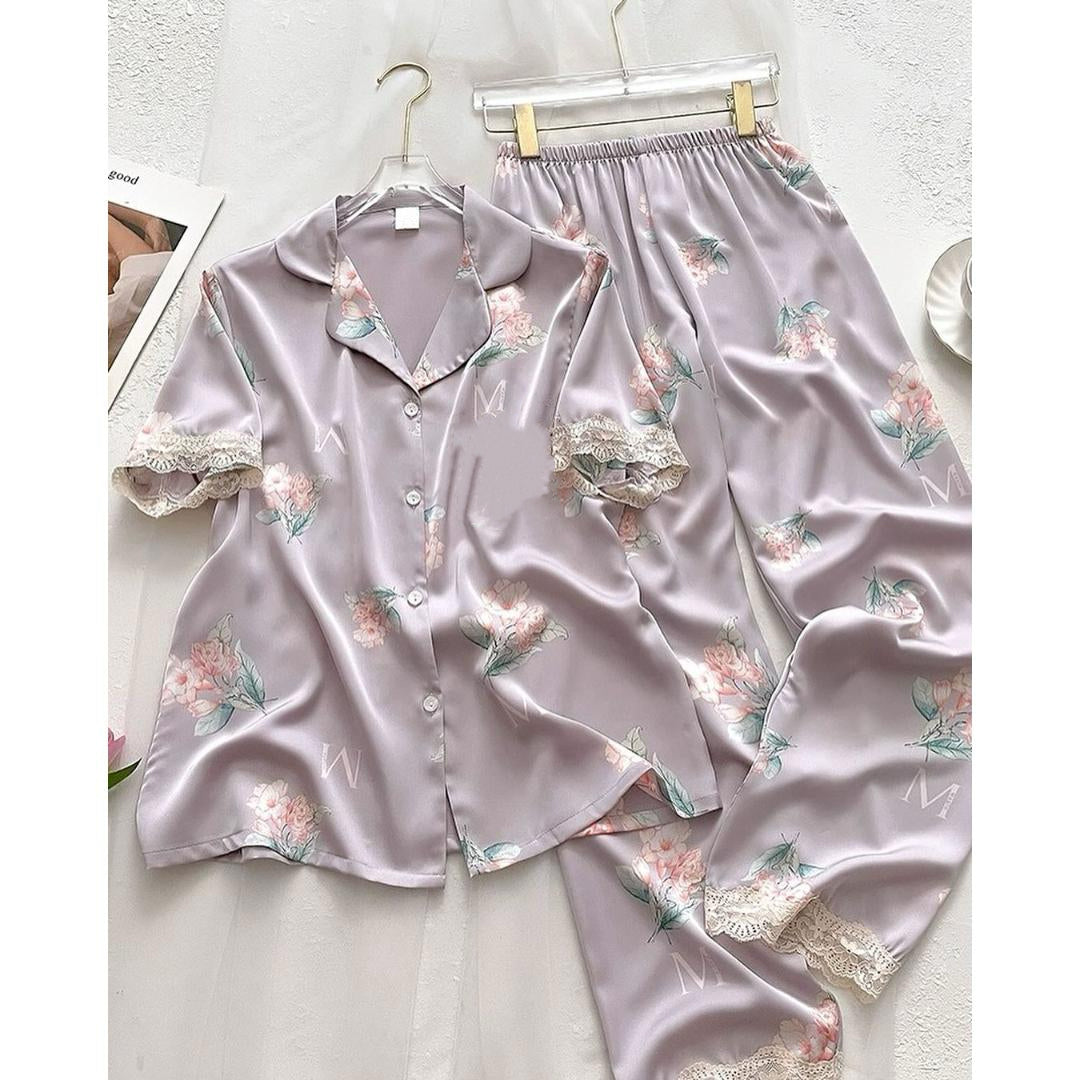 Gray Flower Printed Shirt Pyjama Set