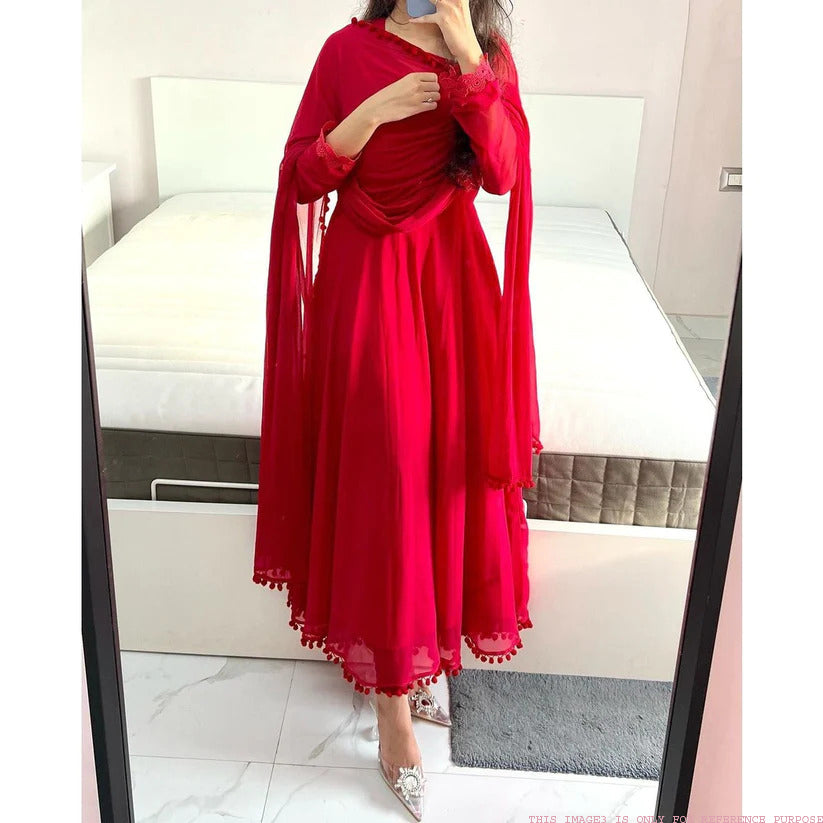 Red Plain Georgette Long Kurtis With Dupatta