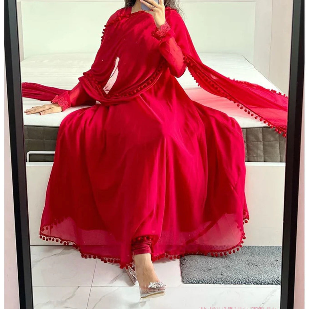 Red Plain Georgette Long Kurtis With Dupatta