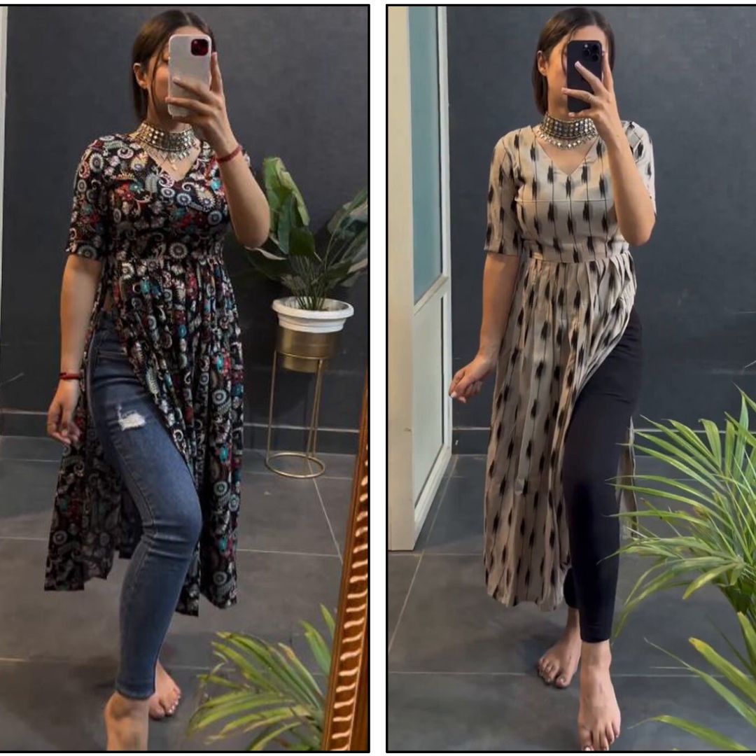 Black Aztec And Beige Printed Nyra Cut Kurti Combo
