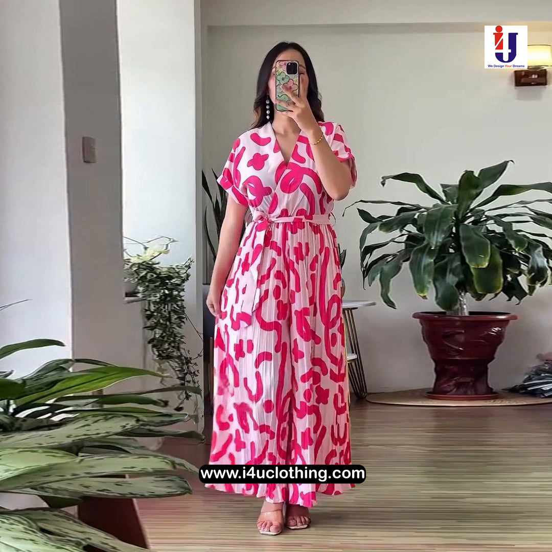 Pink And White Abstract Printed Pleated Jumpsuit