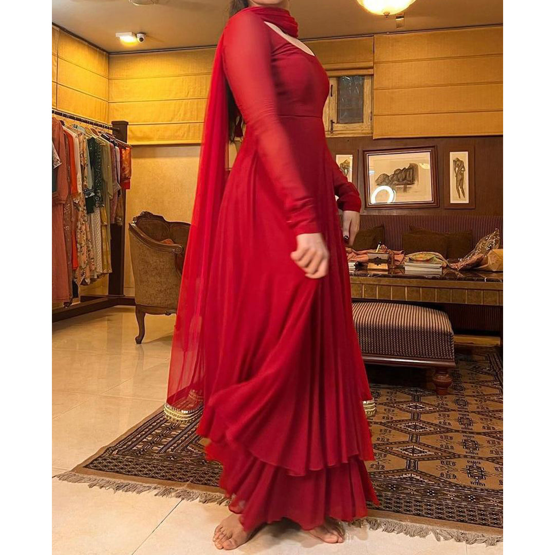 Candy Red Plain Double Layer Long Kurtis With Dupatta