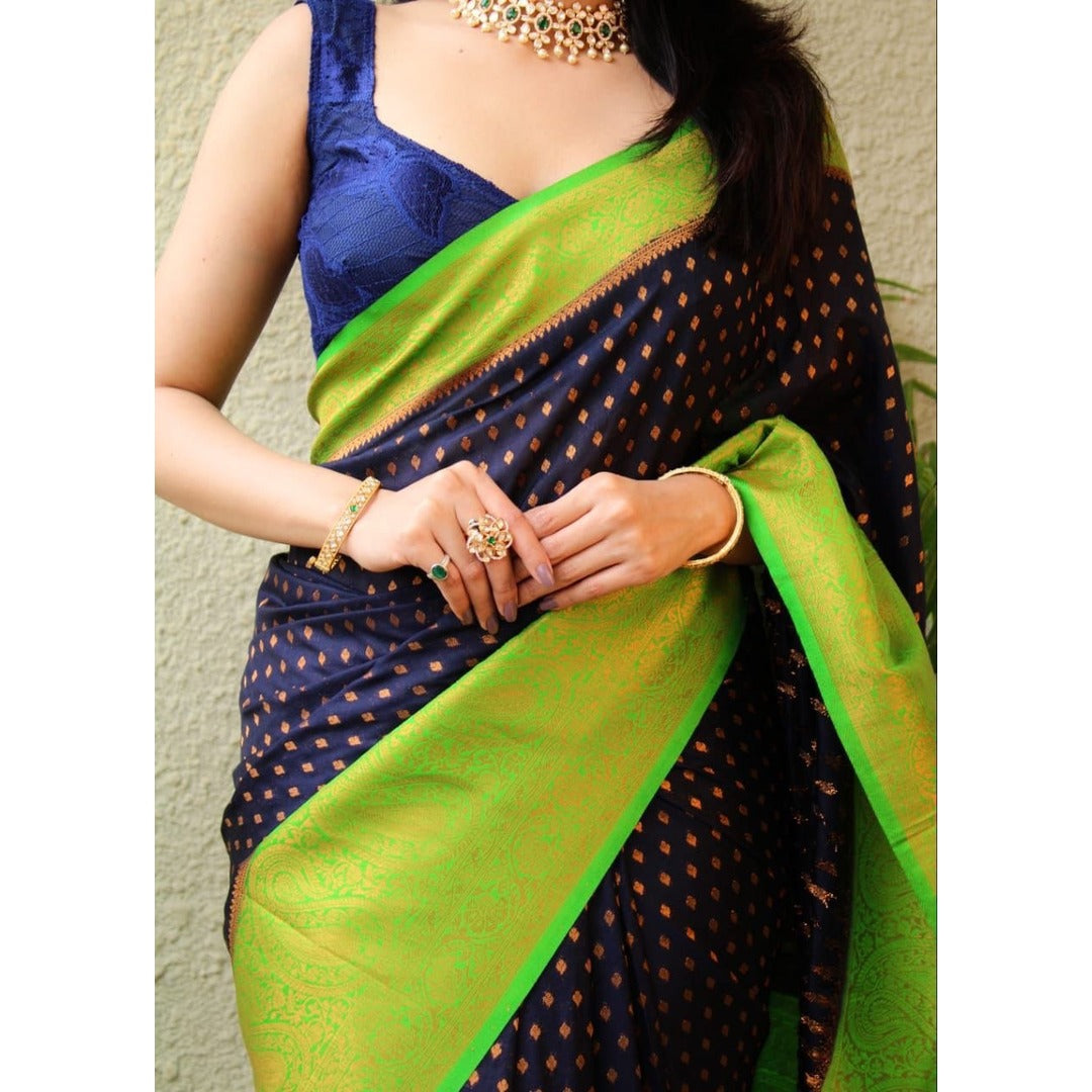 Navy Blue Silk Saree With Zari Border