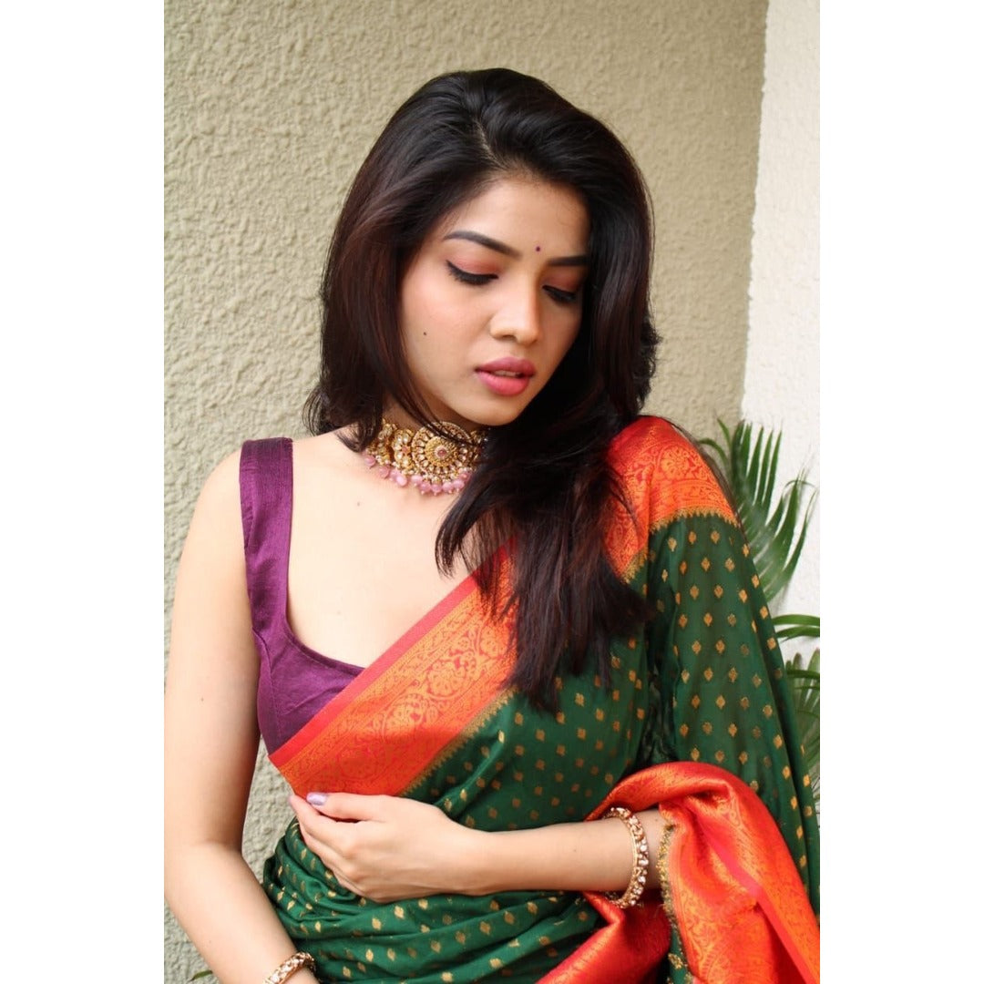 Light Green Silk Saree With Red Zari Border