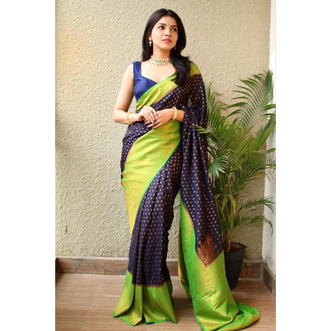 Navy Blue Silk Saree With Zari Border