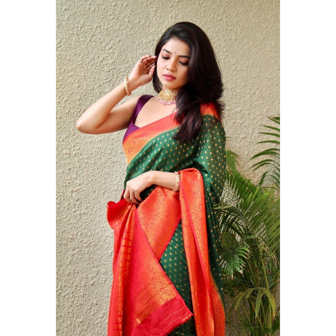 Light Green Silk Saree With Red Zari Border