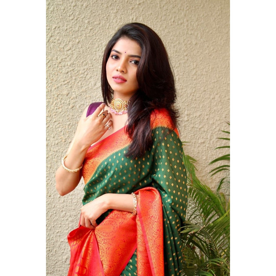 Light Green Silk Saree With Red Zari Border