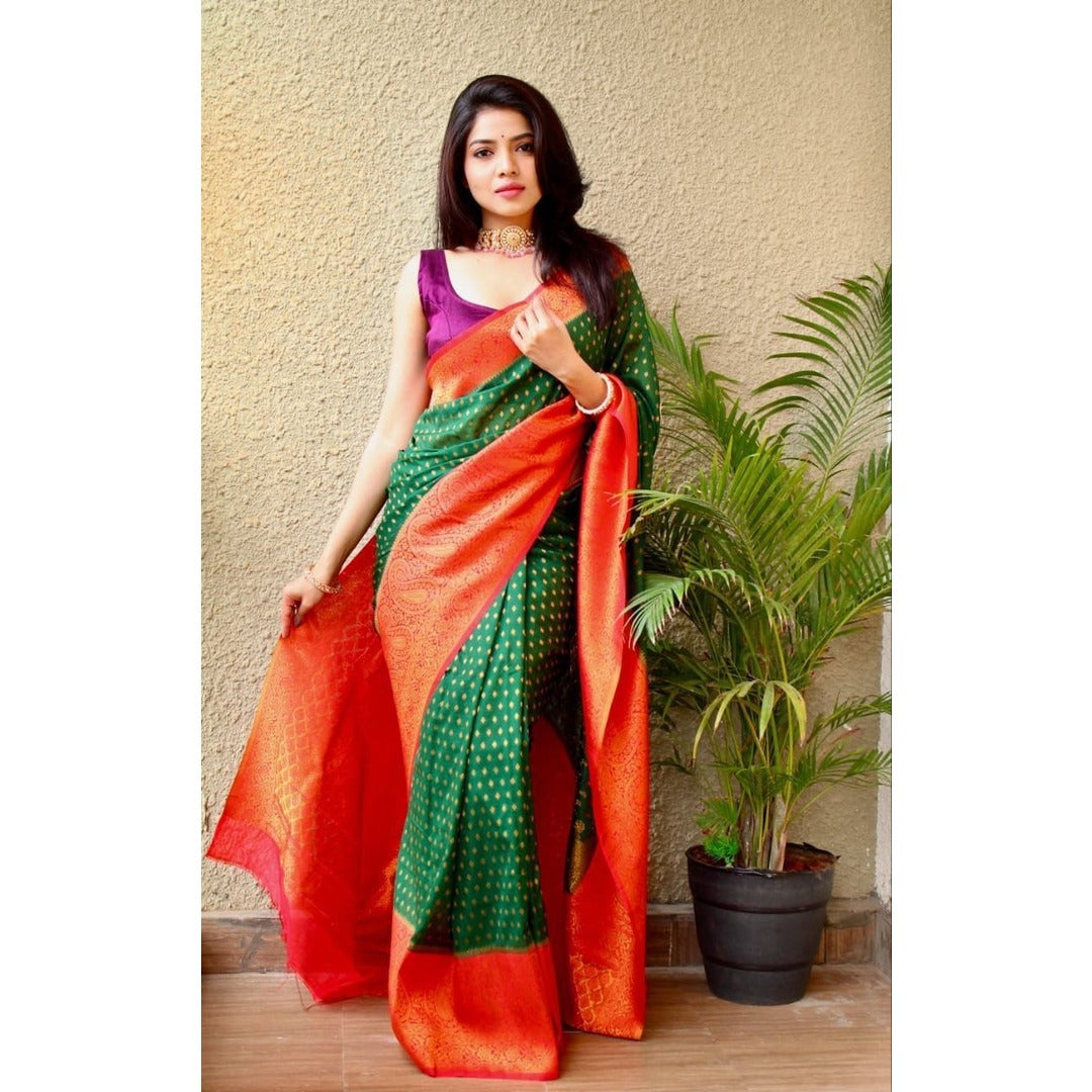 Light Green Silk Saree With Red Zari Border