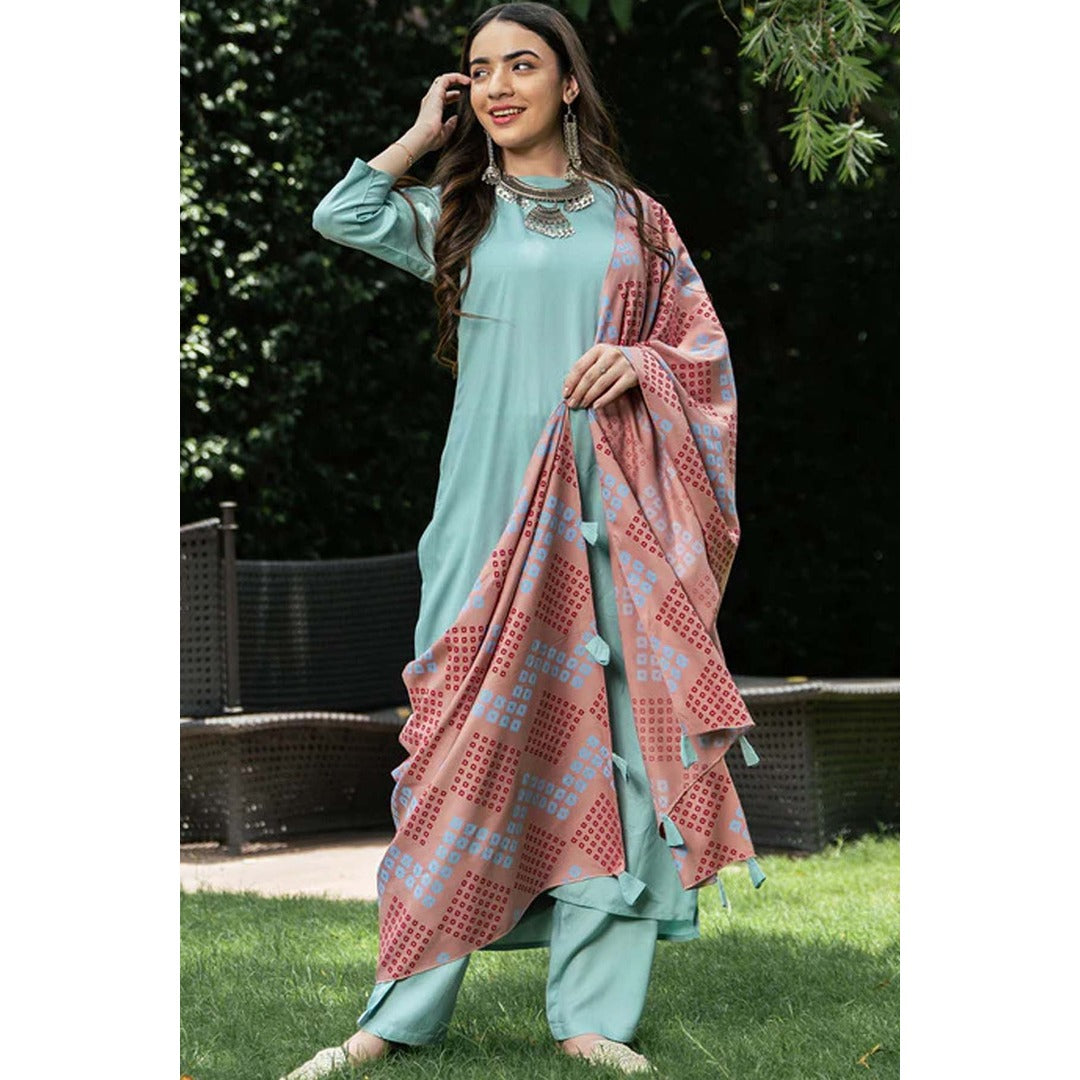 Sky Blue Plain Rayon Kurtis Set