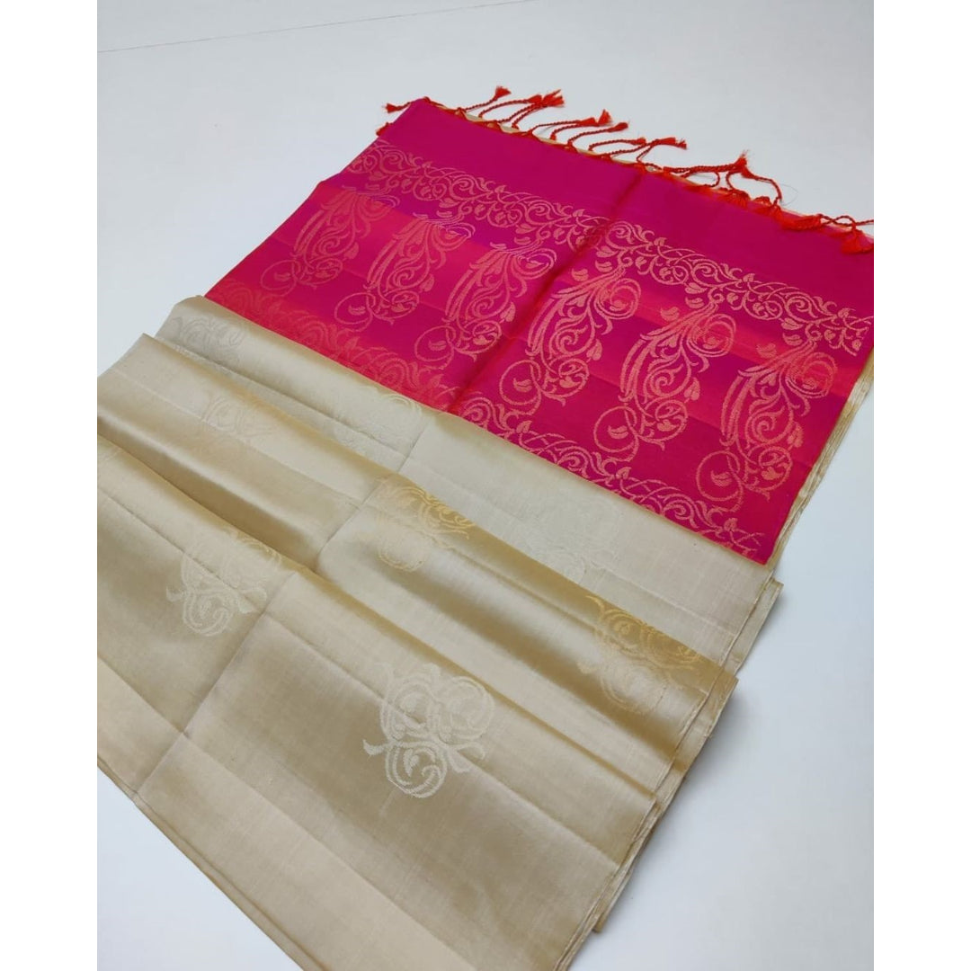 Cream And Pink Printed Soft Silk Saree