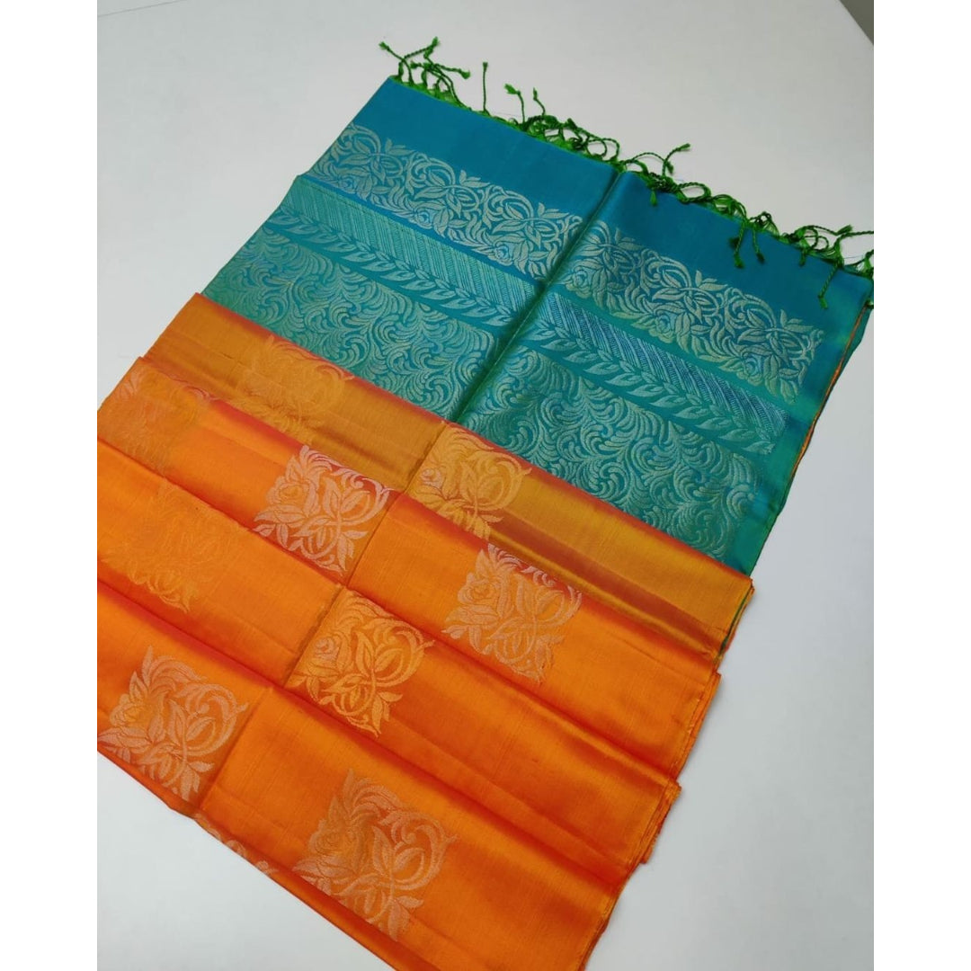 Orange And Sky Printed Soft Silk Saree