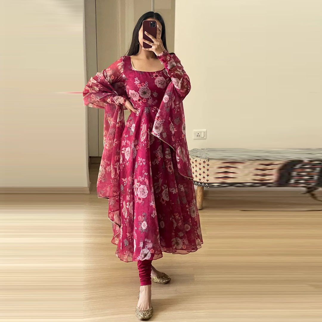 Plum Pink Floral Anarkali Suit Set