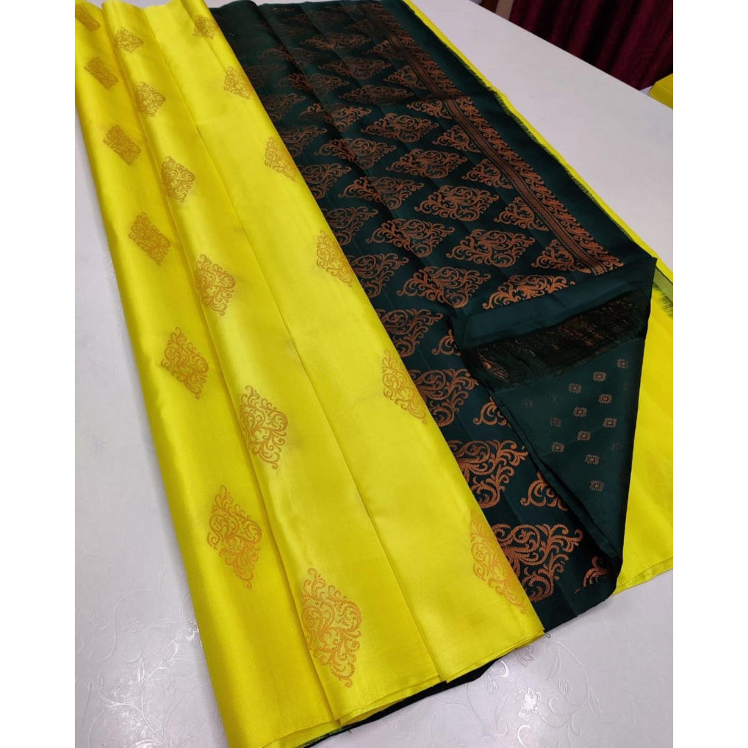 Lemon Yellow Printed Soft Silk Saree