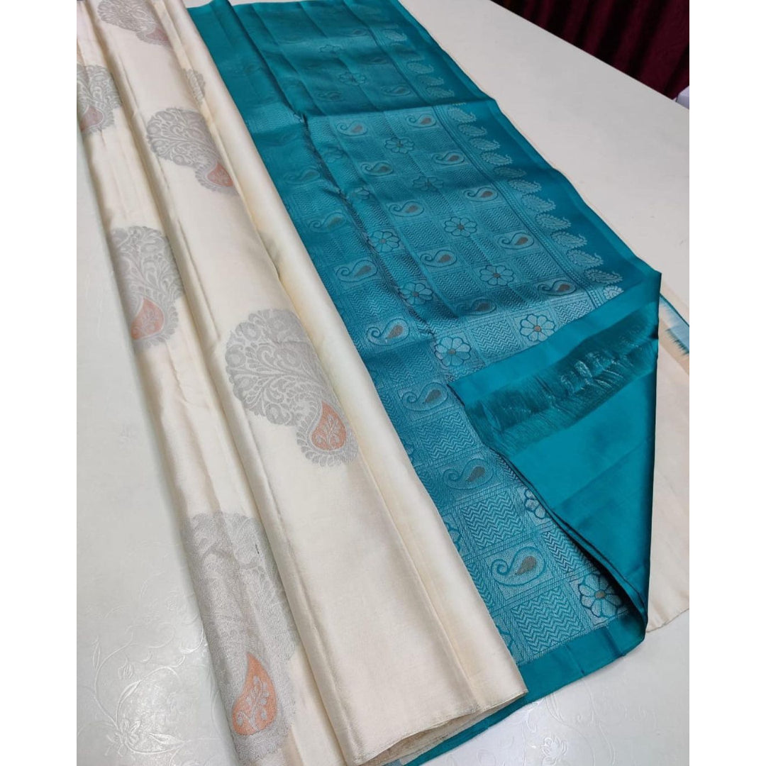 White And Sky Printed Soft Silk Saree