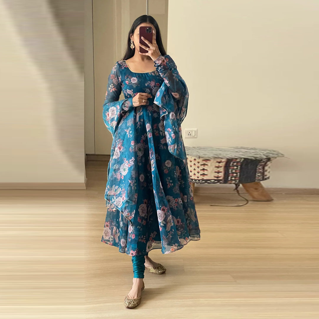 Peacock Blue Floral Anarkali Set