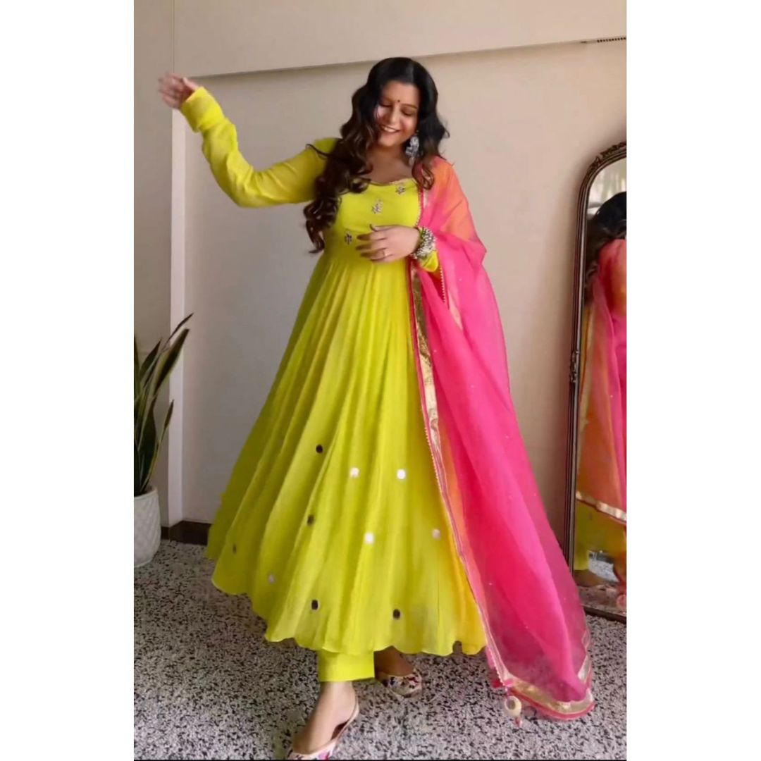 Yellow Mirror Work Long Designer Kurti With Pant And Dupatta