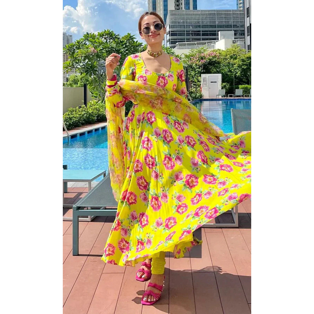 Yellow Floral Printed Long Kurtis