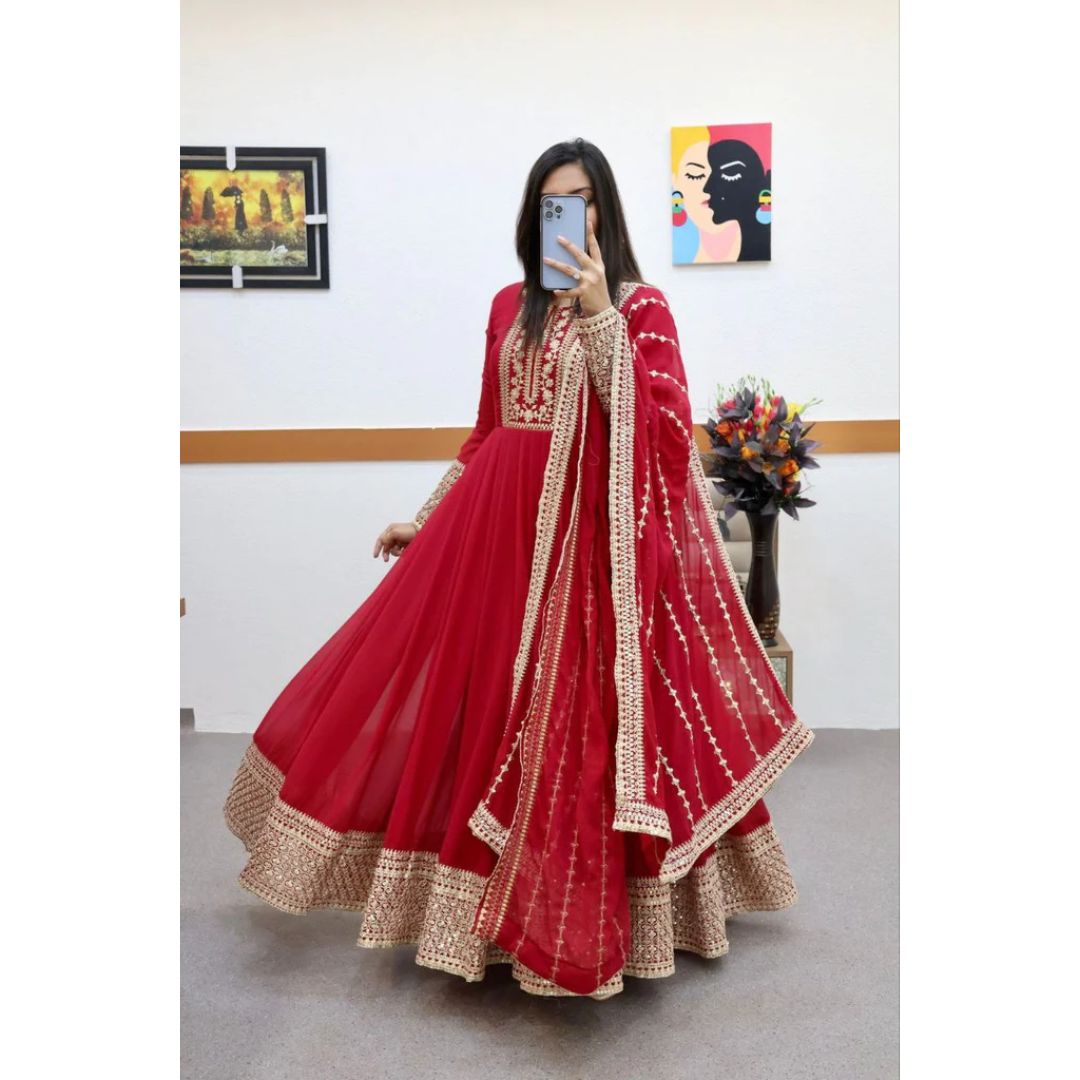 Red And Golden Embroidery Worked Long Designer Kurti