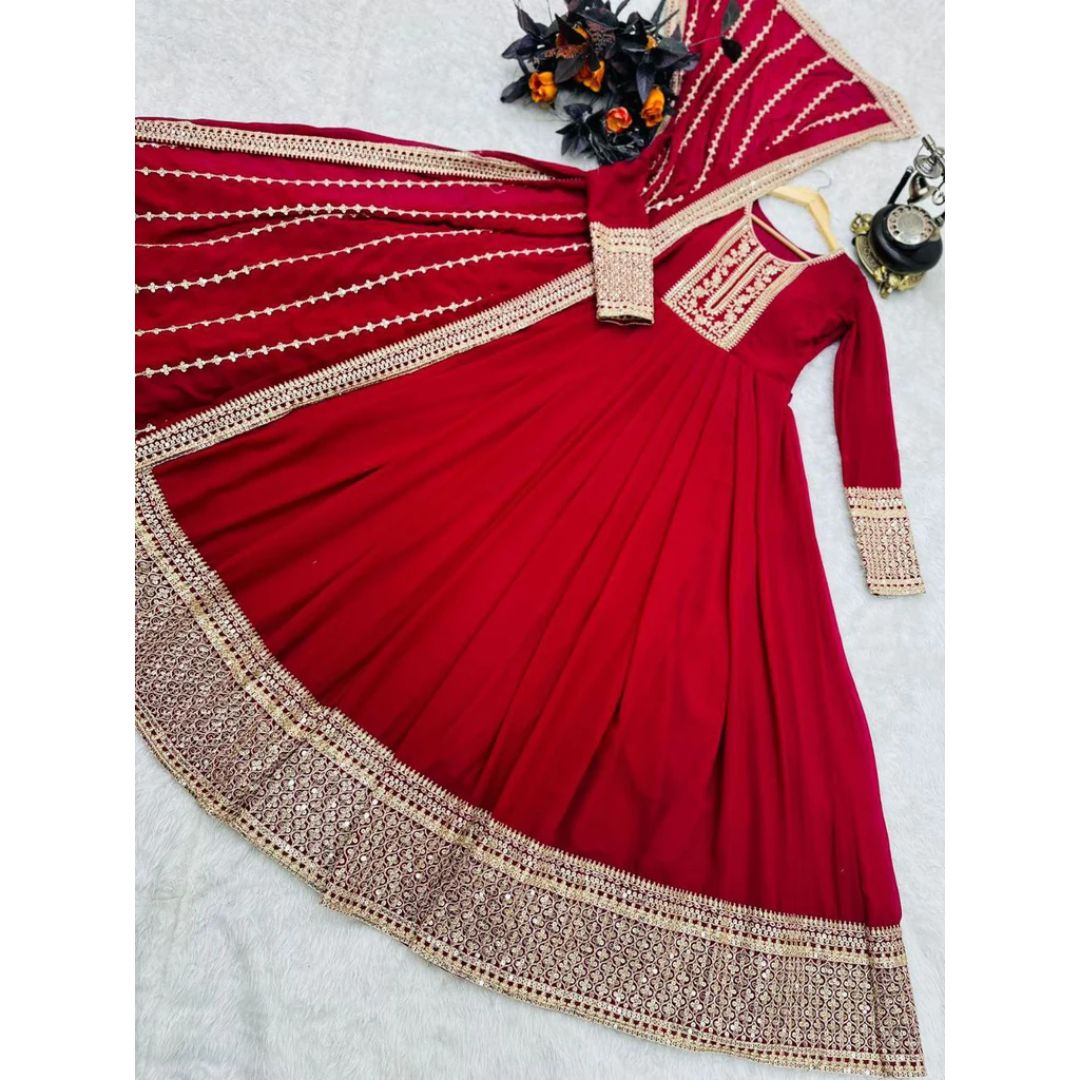 Red And Golden Embroidery Worked Long Designer Kurti